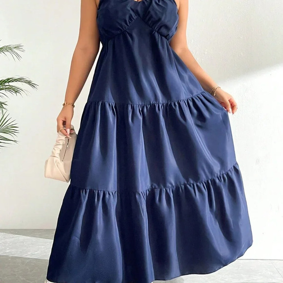 Navy Blue Casual Women's Plus Size V-Neck Sweetheart Sexy Fashion Dress - Picture 7 of 8